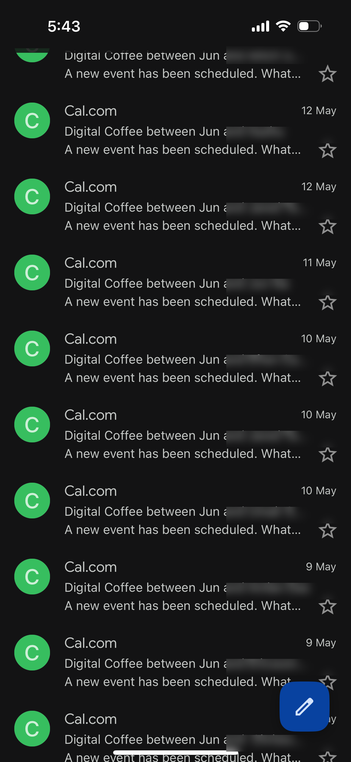 Phone screenshot showing 10 booked Cal.com meeting notifications (names redacted)