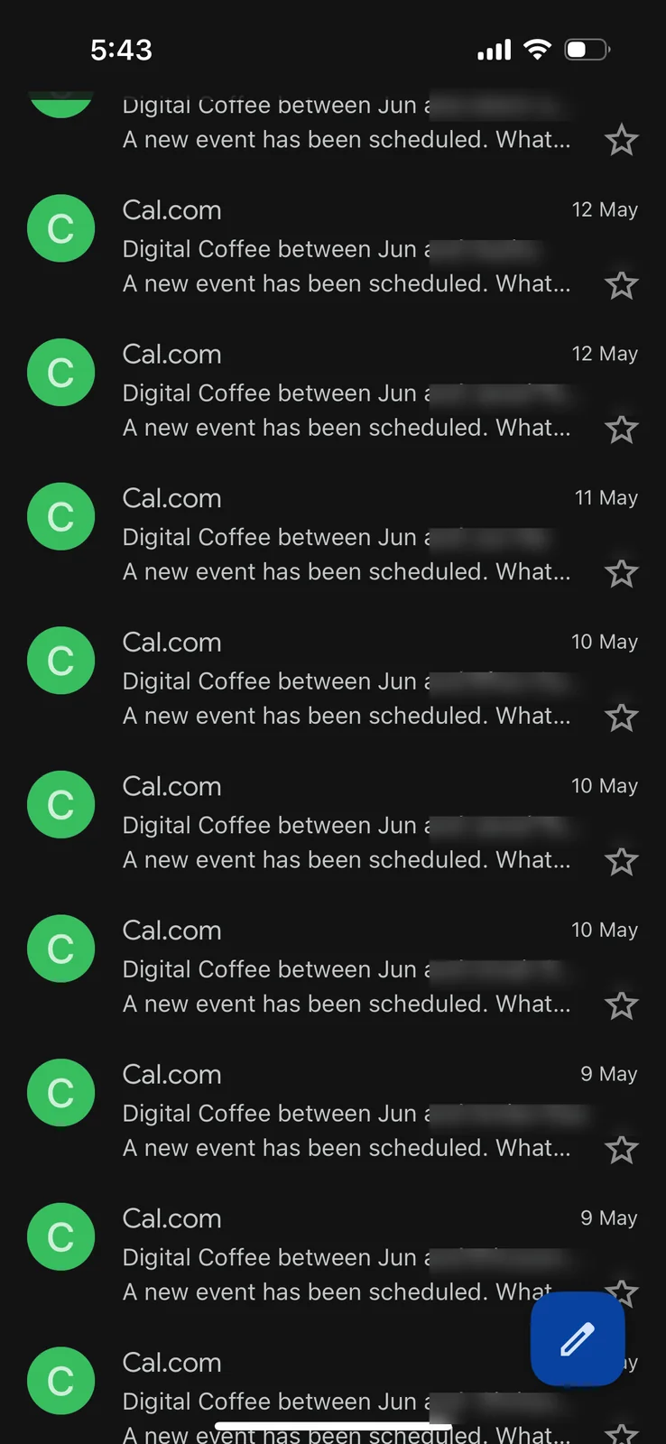Phone screenshot showing 10 booked Cal.com meeting notifications (names redacted)