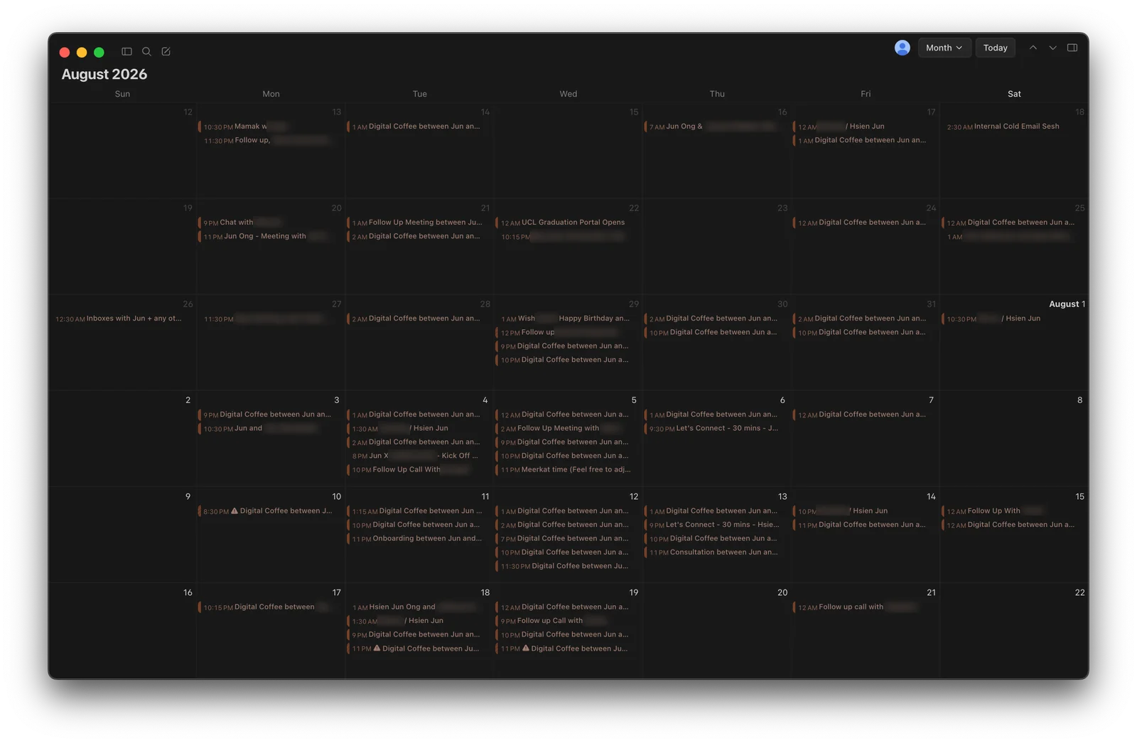 Jun's August 2026 calendar, booked out with Digital Coffee sales calls from cold email, prospect names blurred