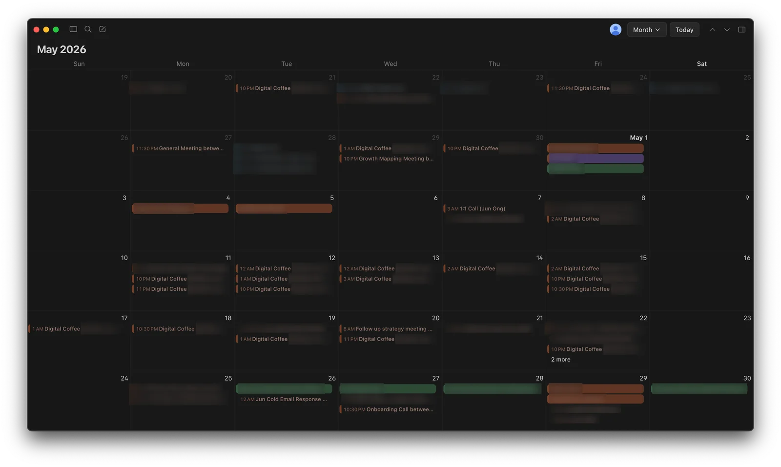A full month calendar booked wall to wall with Digital Coffee calls, attendee names redacted