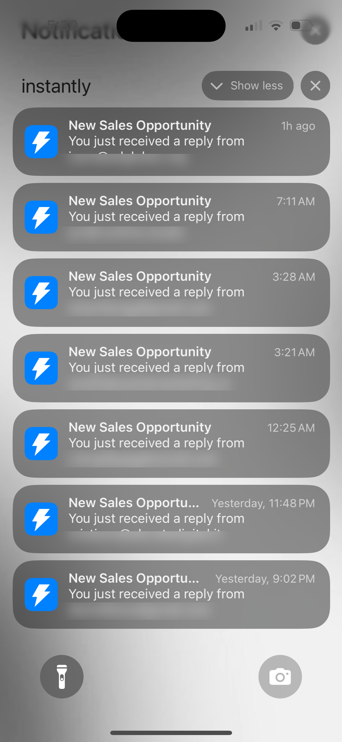 Phone screenshot showing Instantly new sales opportunity notifications (email addresses redacted)