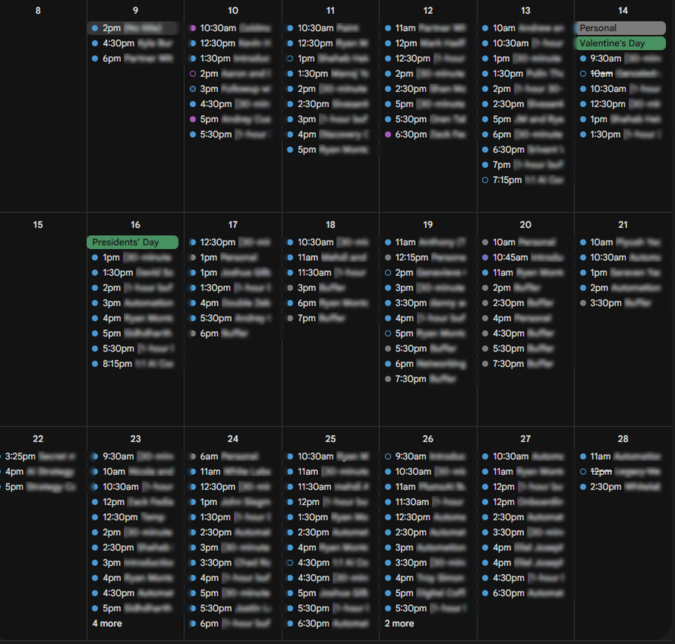 A client's calendar showing every slot booked solid (event names redacted)