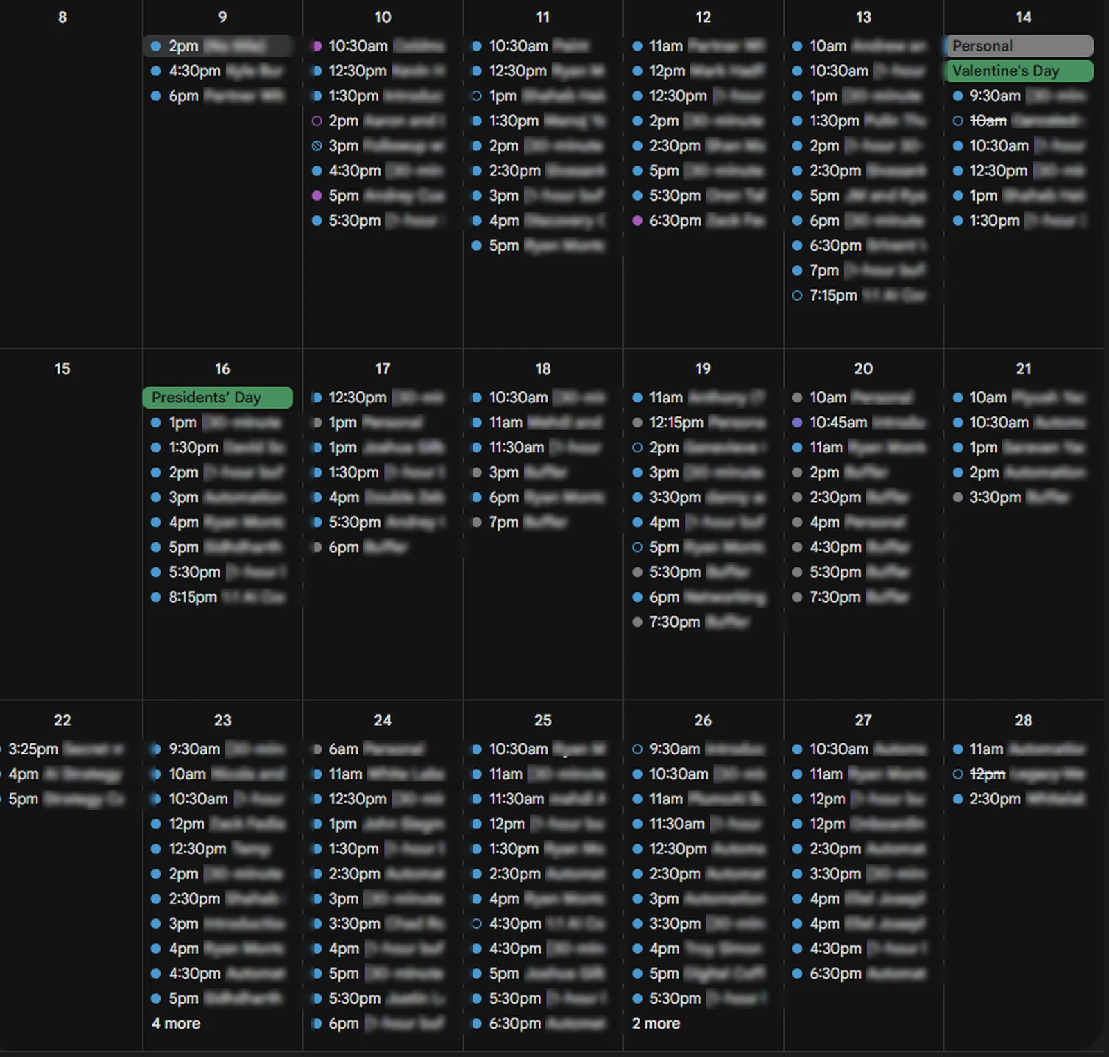 A client's calendar showing every slot booked solid (event names redacted)