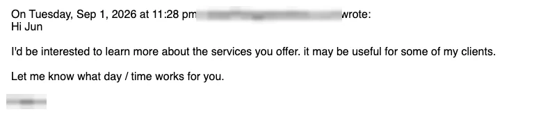 Positive cold email reply from a prospect: I'd be interested to learn more.