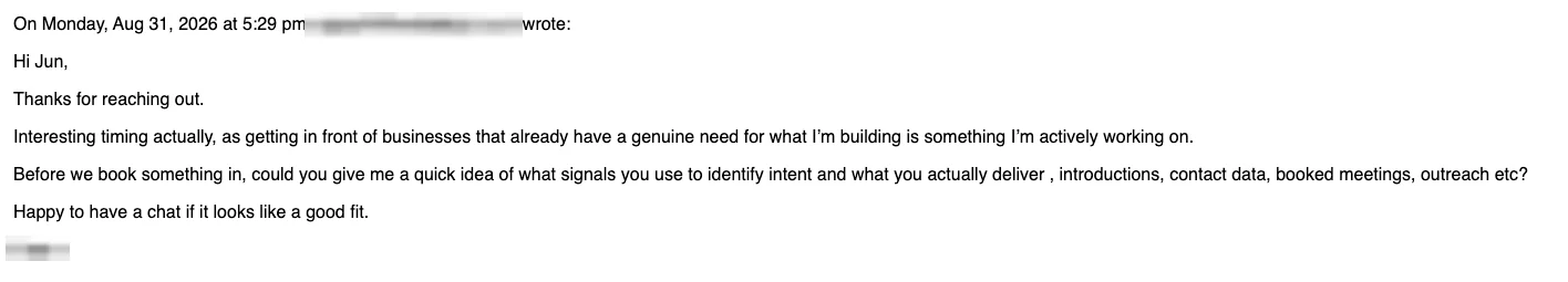 Positive cold email reply from a prospect: Interesting timing actually.