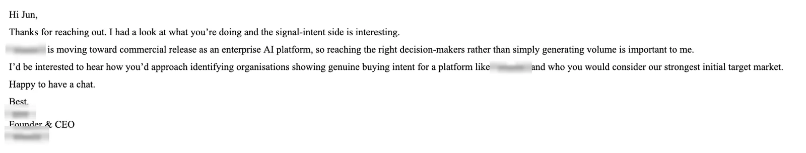 Positive cold email reply from a prospect: The signal-intent side is interesting.