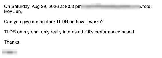 Positive cold email reply from a prospect: Can you give me another TLDR on how it works?