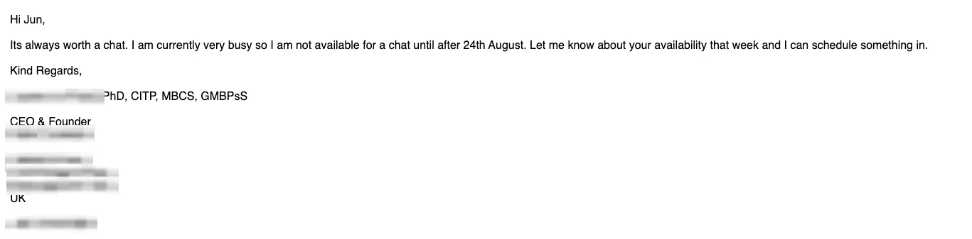 Positive cold email reply from a prospect: It's always worth a chat.