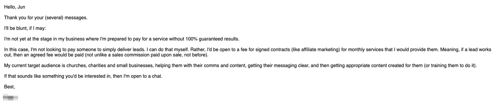 Positive cold email reply from a prospect: I'm open to a chat.