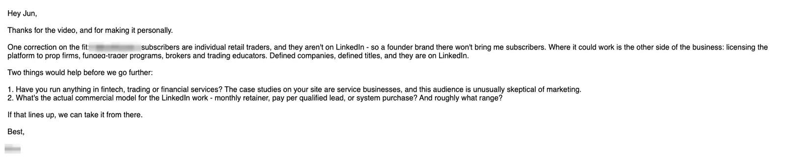 Positive cold email reply from a prospect: Thanks for the video, and for making it personally.