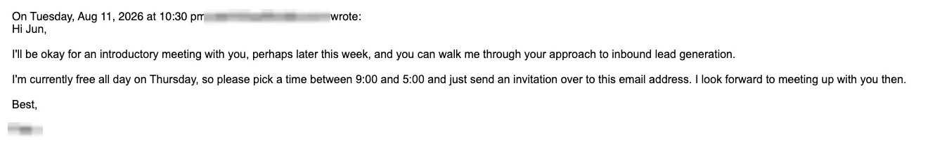 Positive cold email reply from a prospect: I'll be okay for an introductory meeting this week.