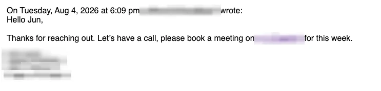 Positive cold email reply from a prospect: Let's have a call, please book a meeting for this week.