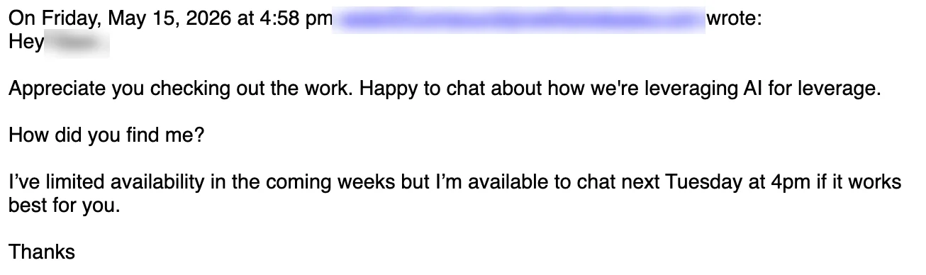Reply from prospect: happy to chat, available next Tuesday at 4pm